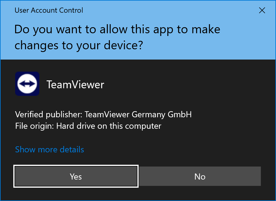 Windows UAC prompt — click Yes